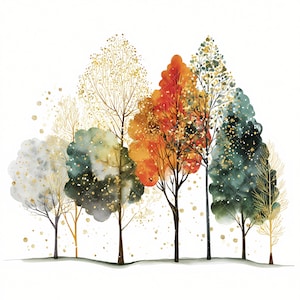 May include: Watercolor painting of a forest scene with trees in various colors, including gold, orange, green, and white. The trees have detailed branches and are adorned with gold glitter. The artwork is set against a white background, creating a vibrant and artistic display.
