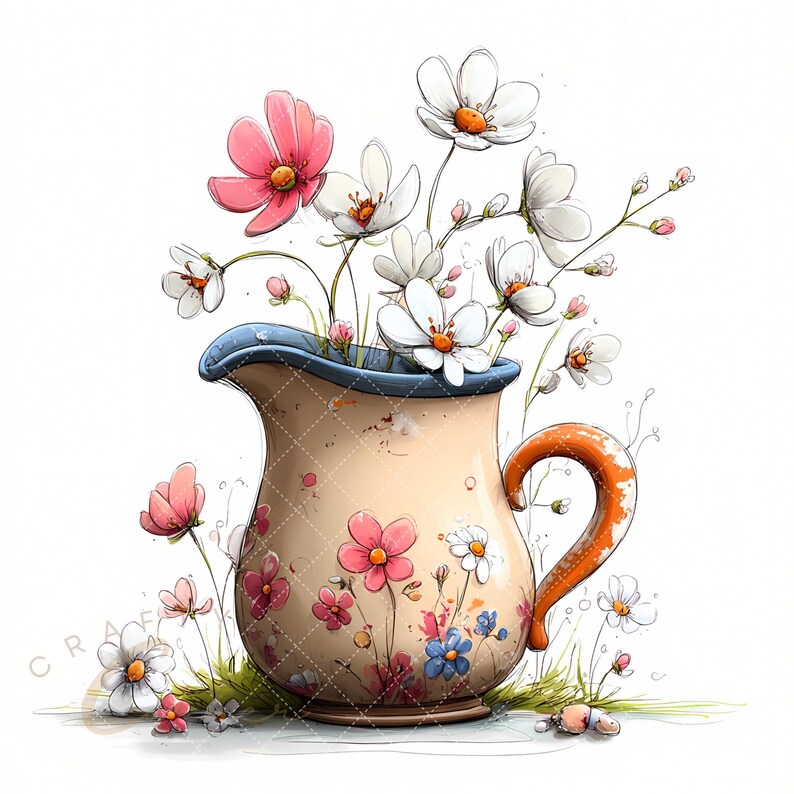 May include: A watercolor illustration of a tan pitcher with a blue rim and orange handle, filled with white and pink flowers. The pitcher is decorated with floral designs. Additional flowers and greenery are at the base of the pitcher.