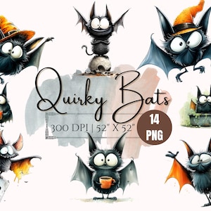 Peut inclure: Ensemble d'illustrations fantaisistes de chauves-souris de style aquarelle. Les chauves-souris sont représentées dans diverses poses, certaines portant des chapeaux ou tenant des tasses. Le texte "Quirky Bats" est affiché, avec "14 PNG" et les dimensions.