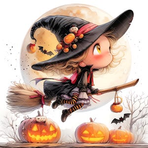 Pode incluir: Ilustração de desenho animado de uma bruxa voando em uma vassoura em frente a uma lua cheia. A bruxa usa um chapéu preto com decorações de abóbora laranja e um vestido preto. Lanternas de abóbora e morcegos também estão presentes, criando um tema de Halloween.