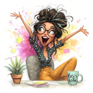 Puede incluir: Ilustración de una mujer con gafas, con los brazos levantados de emoción. Lleva una blusa con estampado de estrellas y pantalones amarillos. Una taza con "Boss Babe" está en el escritorio, junto con una planta en maceta y papeles. Fondo de acuarela.