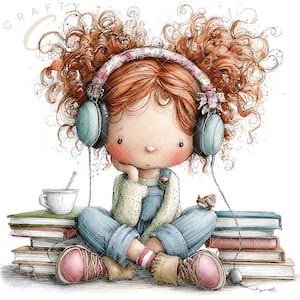 May include: A digital illustration of a character with curly red hair wearing teal headphones, a cream sweater, and blue overalls. The character sits on a stack of books next to a white mug, with a small bird perched on one knee, all in a sketch style.