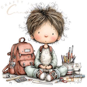 May include: A digital illustration of a child with messy brown hair sitting cross-legged, wearing a light green long-sleeve shirt and pants. Beside them is a dusty rose backpack, a pencil cup filled with various pens, and scattered school supplies.
