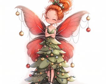 May include: A whimsical illustration of a Christmas fairy. The fairy has red hair, large red wings, and is wearing a green dress shaped like a Christmas tree, adorned with ornaments and lights. Gold and red ornaments hang from the wings.