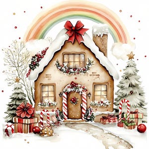 May include: A watercolour illustration of a gingerbread house with a snow-covered roof and a red bow. The house is decorated with wreaths, candy canes, and Christmas trees. A rainbow arches over the house, and gifts are scattered around.