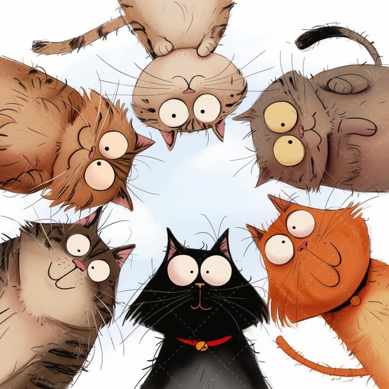 Pu&ograve; includere: Illustrazione di sei gatti dei cartoni animati di vari colori, tra cui marrone, arancione e nero, disposti a cerchio. Ogni gatto ha grandi occhi espressivi e un'espressione sorpresa, creando una scena giocosa e umoristica.
