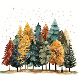 May include: Watercolor painting of a forest with trees in various colors, including red, yellow, green, and teal. Gold glitter accents the sky and ground. The trees are of different shapes and sizes, creating a whimsical and artistic scene.