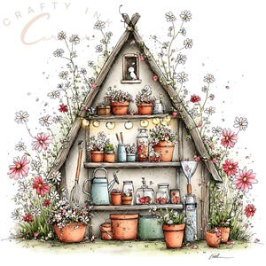 May include: A whimsical illustration of an A-frame garden shed overflowing with potted flowers and gardening tools. The structure features shelves filled with terracotta pots, glass jars, and a light blue watering can, all surrounded by pink and white daisies.