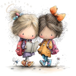 May include: A digital illustration of two children with messy hair, one with a blonde ponytail and blue beads, the other with brown hair and an orange bow, both wearing backpacks and reading an open book. The text Crafty Ink appears at the top.