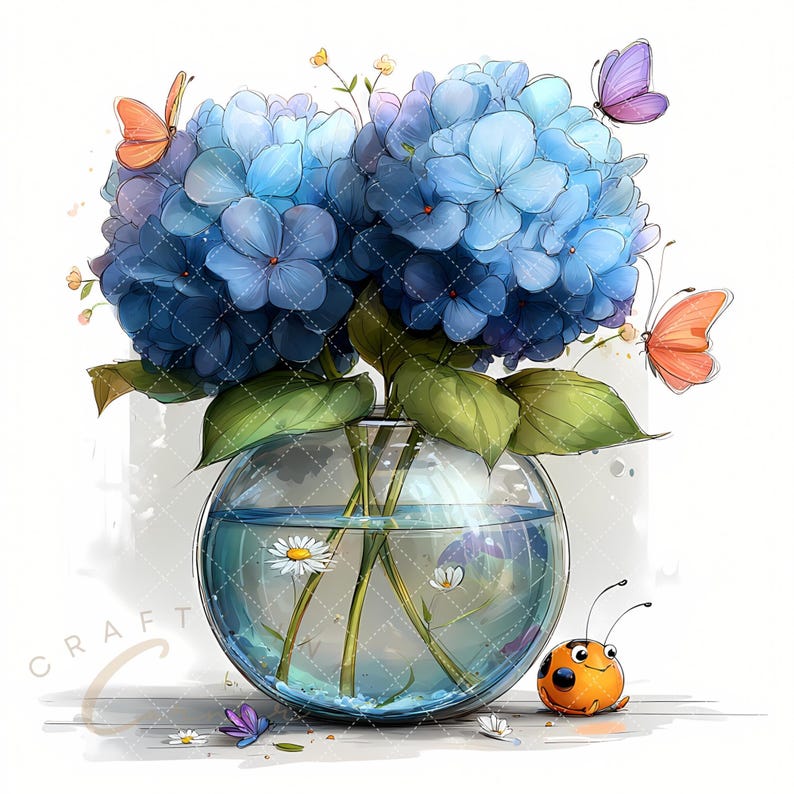 May include: A watercolor illustration of blue hydrangea flowers in a round glass vase. The vase contains water and stems with small white flowers. Orange and purple butterflies and a cartoon ladybug are also present.