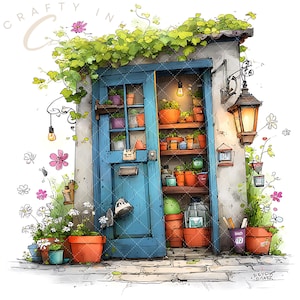 40 JPG Summery Garden Shed Clipart – Colorful Rustic Pots Flowers Vines Lanterns for Cards and Scrapbooking JPG Set – Commercial Use