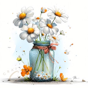 May include: A watercolor illustration of daisies in a glass jar. The daisies have white petals and yellow centers. The jar is tied with a pink ribbon. Scattered around are loose petals and small orange flowers. The background is a soft blue.