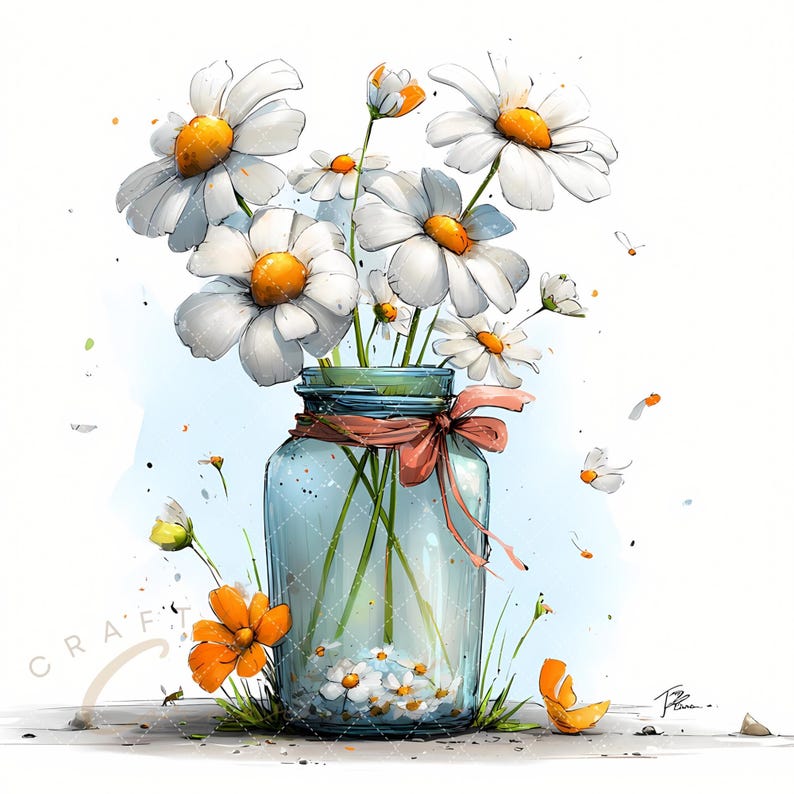 May include: A watercolor illustration of daisies in a glass jar. The daisies have white petals and yellow centers. The jar is tied with a pink ribbon. Scattered around are loose petals and small orange flowers. The background is a soft blue.