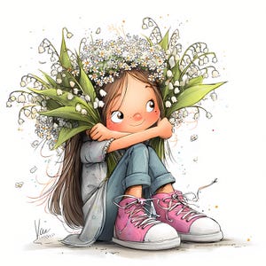 Vår Clipart JPG, 63 Nyckfull Flicka med Blommor Grafikpaket