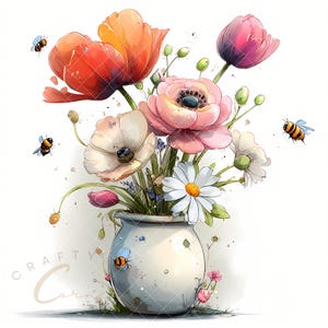 May include: Watercolor illustration of a floral arrangement in a white vase. The bouquet features orange tulips, pink anemones, white daisies, and other flowers. Several bees are scattered around the flowers. The vase has a light blue hue and the text "Crafty Corner".