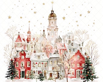 May include: Watercolor illustration of a winter village scene with snow-covered rooftops and Christmas trees. The buildings are painted in shades of red, gray, and white, with gold accents and a church steeple. Gold stars are scattered across the white background.
