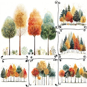 May include: Watercolor painting of colorful trees in various arrangements. The trees display shades of green, orange, yellow, and red, with delicate details and a touch of sparkle. The artwork evokes a sense of nature and the changing seasons.