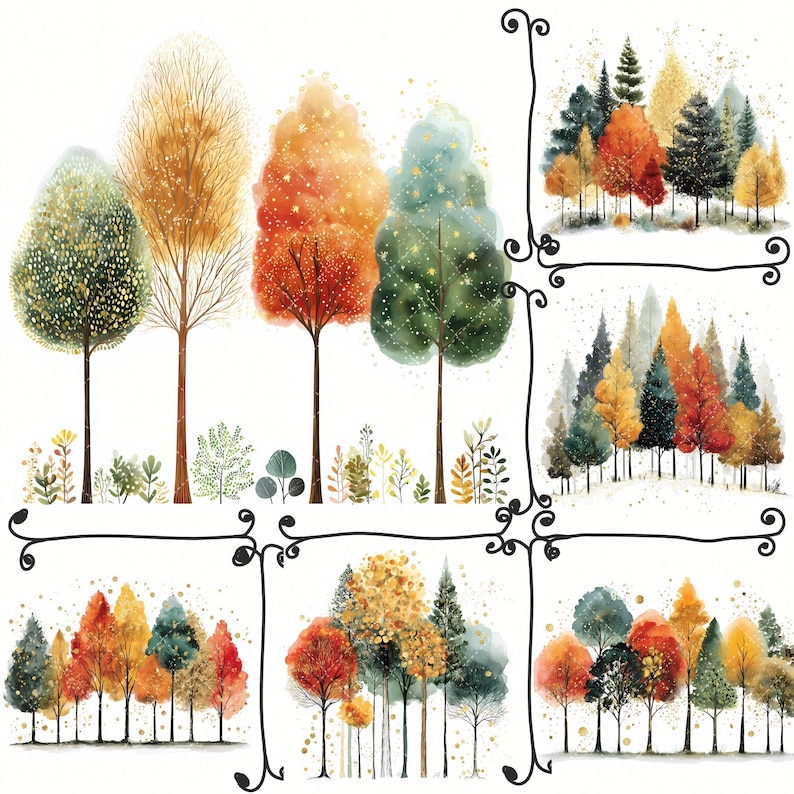 May include: Watercolor painting of colorful trees in various arrangements. The trees display shades of green, orange, yellow, and red, with delicate details and a touch of sparkle. The artwork evokes a sense of nature and the changing seasons.