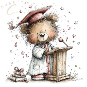 24 JPG Delightful Whimsy Graduating Bears Clipart – Gown Cap Diploma Flowers Pair for Cards and Party Gifts JPG Set – Commercial Use