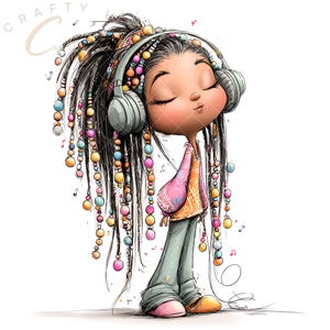 30 JPG Playful Whimsy Kids On Headphones Clipart – Diverse Dreads Drummer Reader Flower Crown Beats for Cards JPG Set – Commercial Use