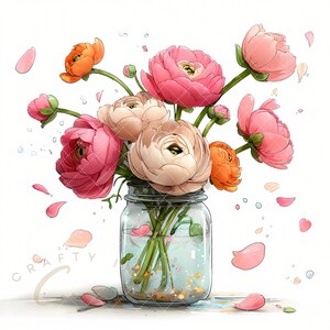 May include: A watercolor illustration of a bouquet of pink and orange ranunculus flowers in a clear glass jar. The jar contains water and small gold sparkles. Pink petals are scattered around the jar on a white background.