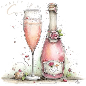 May include: A digital illustration of a champagne bottle and a tall flute filled with pink sparkling liquid. The bottle features a rose graphic on the label with the text "Rose" and a cork lying nearby. Bubbles and small floral accents surround the items.