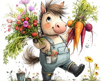 Whimsical Spring Farm Gardening Clipart – Cute Cow, Chicken & Pig – Quirky Garden Animals – Digital Download