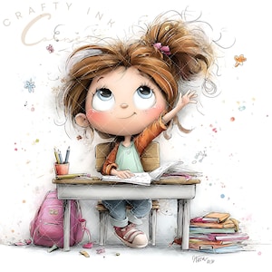 May include: A digital illustration of a child with messy brown hair sitting at a desk, raising one hand. The child wears an orange jacket over a light green shirt and blue jeans. A pink backpack, a stack of books, and pencils are visible.