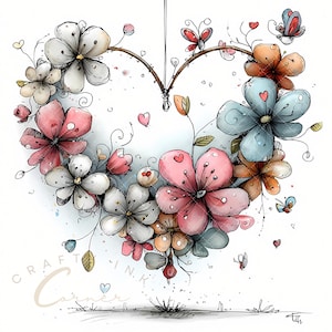 Könnte beinhalten: Eine Aquarellillustration eines herzförmigen Blumenarrangements. Das Herz besteht aus verschiedenen Blumen in Rosa-, Weiß-, Blau- und Orangetönen, mit kleinen Schmetterlingen und Herzen. Das Kunstwerk hat eine skurrile und zarte Ausstrahlung.