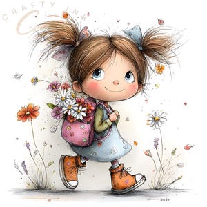May include: A digital illustration of a child with brown hair in pigtails, wearing a light blue dress and orange sneakers. The child carries a pink backpack filled with colorful daisies and wildflowers. The text CRAFTY INK appears at the top.