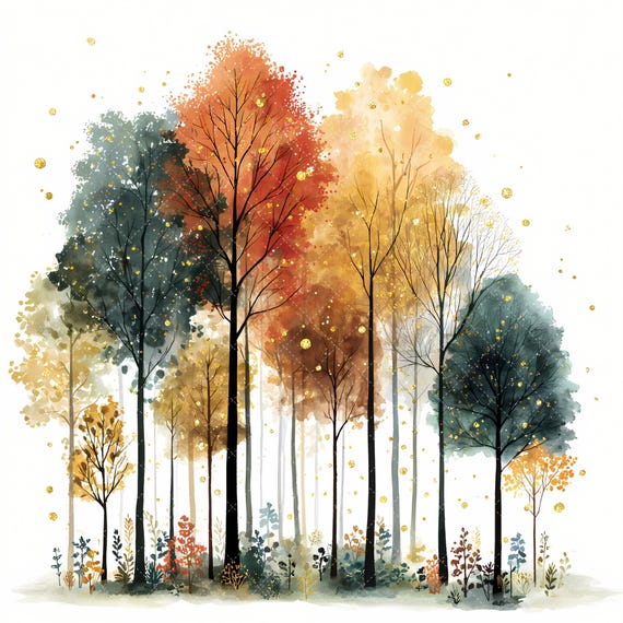33 Autumn Trees Clipart, Gold Autumn Trees, Festive Clipart, Printable Watercolor, High Quality JPGs, Digital Download, Paper Craft