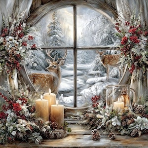 Puede incluir: Pintura de una escena invernal con una ventana que da a un bosque nevado y ciervos. La ventana está decorada con arreglos florales y velas encendidas. La obra de arte evoca un ambiente acogedor y festivo.