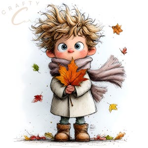 May include: A whimsical illustration of a child holding a large orange maple leaf. The child wears a white coat, brown boots, and a gray scarf. Scattered autumn leaves and the text "Crafty Car" are also visible.