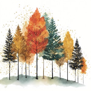 May include: Watercolor painting of a forest scene with trees in various colors, including orange, yellow, and green. Gold glitter accents the leaves and the sky. The trees have thin, dark brown trunks and are set against a white background.