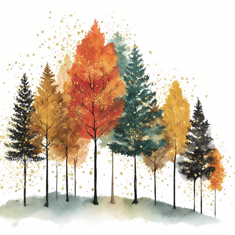 May include: Watercolor painting of a forest scene with trees in various colors, including orange, yellow, and green. Gold glitter accents the leaves and the sky. The trees have thin, dark brown trunks and are set against a white background.