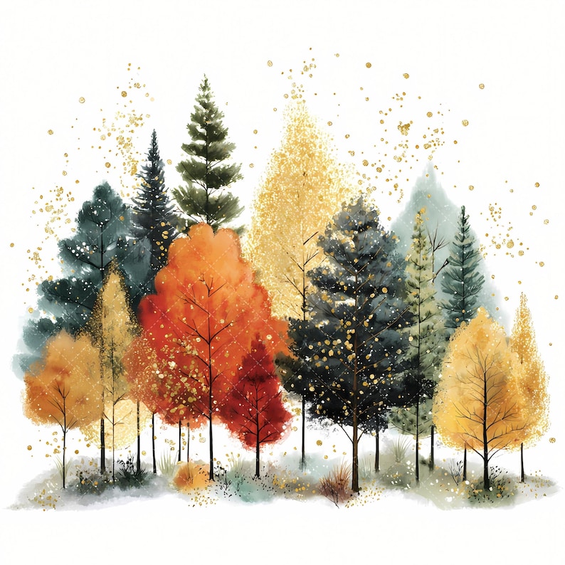 May include: Watercolor painting of a forest scene with trees in various colors, including orange, yellow, green, and gold. The trees are arranged in a cluster, with gold glitter accents. The artwork is set against a white background.