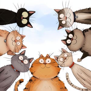 Pu&ograve; includere: Illustrazione di sette gatti dei cartoni animati che guardano in basso. I gatti hanno vari colori di pelliccia, tra cui nero, arancione e grigio. Ogni gatto ha un'espressione unica e alcuni indossano collari.