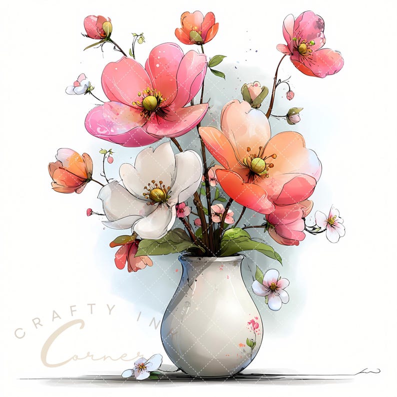May include: Watercolor illustration of a floral arrangement in a white vase. The bouquet features large pink, orange, and white flowers with yellow centers, accented by small buds and green leaves. The vase has a subtle diamond pattern and a small floral design.