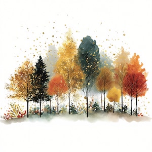 May include: Watercolor painting of a forest scene with trees in shades of gold, orange, and green. The artwork features a variety of tree types, with gold flecks scattered throughout the image. The trees are set against a white background.