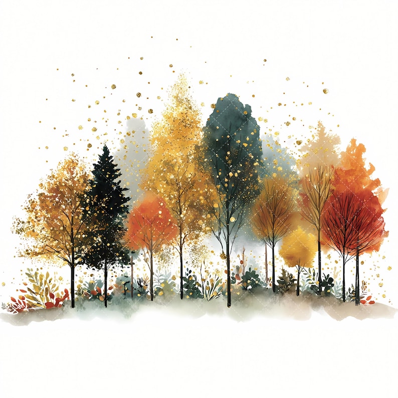 May include: Watercolor painting of a forest scene with trees in shades of gold, orange, and green. The artwork features a variety of tree types, with gold flecks scattered throughout the image. The trees are set against a white background.