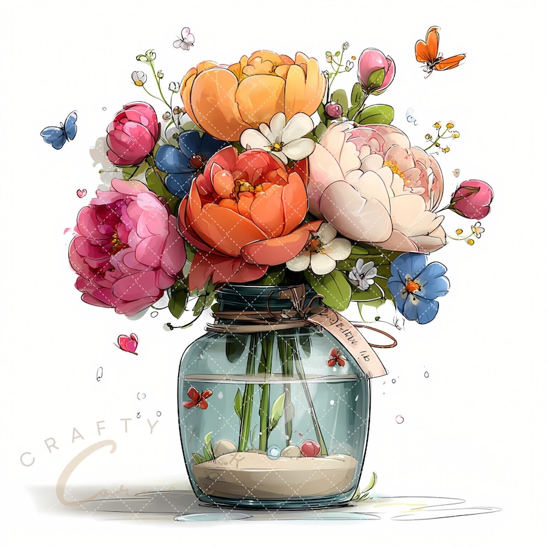 May include: A watercolor illustration of a bouquet of colorful flowers in a glass jar. The flowers include pink, orange, and yellow peonies, with blue and white accents. Butterflies and small hearts float around the jar.