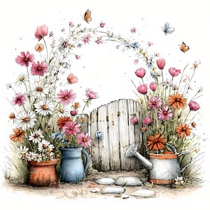 Può includere: Illustrazione ad acquerello di una scena di giardino con un cancello di legno, fiori colorati, farfalle e annaffiatoi. I fiori includono margherite, cosmee rosa e fiori arancioni. Un design affascinante e stravagante.
