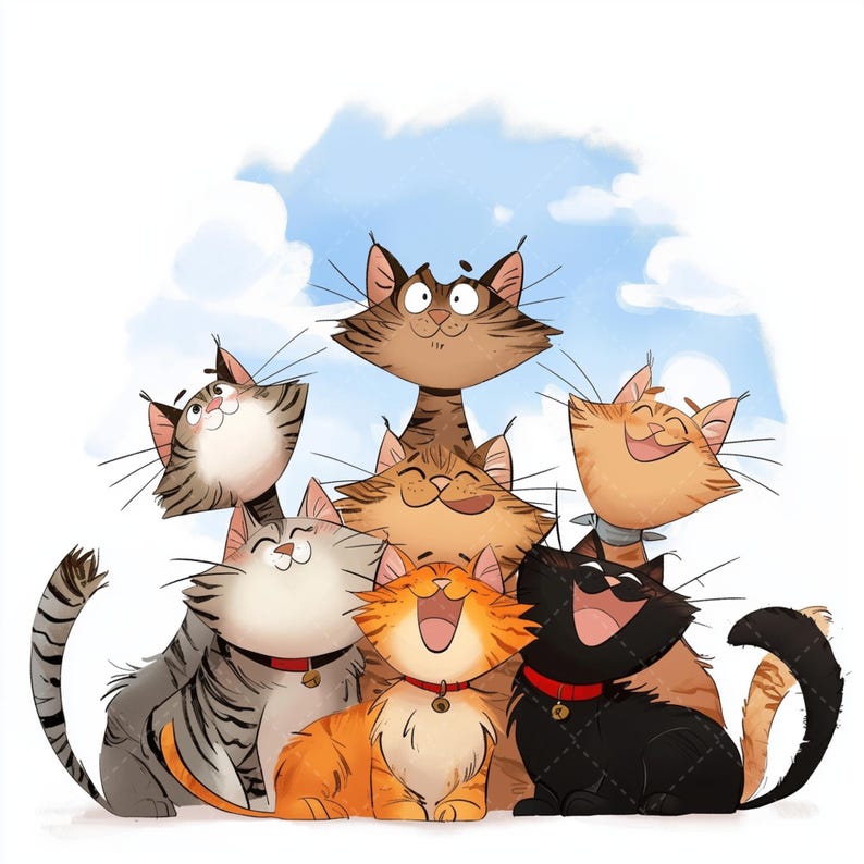 Pu&ograve; includere: Un'illustrazione stravagante di sette gatti sorridenti di vari colori e motivi. I gatti sono disposti vicini, alcuni con collari rossi. Lo sfondo presenta un cielo azzurro chiaro con nuvole soffici, creando una scena allegra e giocosa.