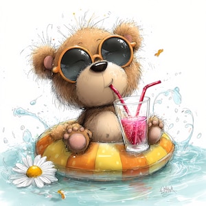 Pode incluir: Ilustração de um urso de pelúcia usando óculos de sol, flutuando em uma piscina em um anel inflável amarelo e laranja. O urso está bebendo uma bebida rosa com canudos vermelhos de um copo. Uma margarida branca flutua perto.
