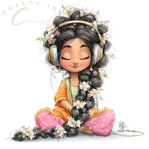 May include: A digital illustration of a character with long black hair in a thick braid, wearing gold headphones and a yellow top with pink pants. The hair is adorned with small white flowers. The text Crafty in Corner appears in the top left.