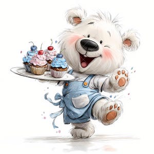 May include: A cheerful cartoon bear, wearing a blue apron, holds a white platter with cupcakes. The cupcakes have pink and blue frosting, topped with cherries and blueberries. The bear is smiling with rosy cheeks, and the image has a whimsical, playful style.