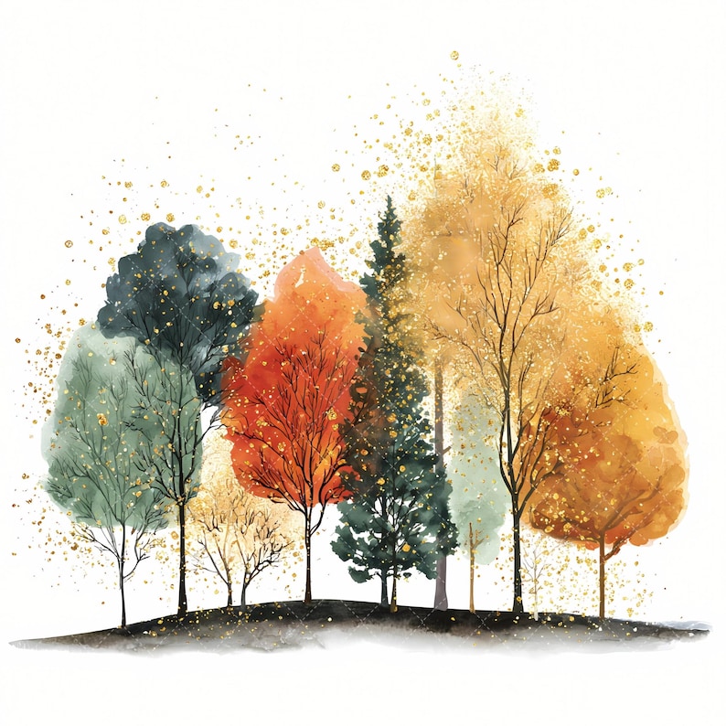 May include: Watercolor painting of a forest scene with trees in various colors, including green, orange, and gold. The trees are arranged on a dark, curved base, with gold glitter accents scattered throughout the image. The background is white.