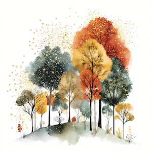 May include: Watercolor painting of a cluster of trees in autumn colors. The trees feature shades of orange, yellow, green, and blue, with gold glitter accents. The artwork is set against a white background, creating a vibrant and artistic landscape.