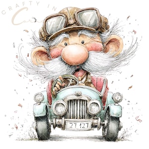 Puede incluir: Una ilustración caprichosa de un personaje anciano con una nariz grande y bigote blanco, que lleva gafas de aviador marrones y una gorra, conduciendo un coche antiguo de color azul claro con la matrícula 27 127, rodeado de confeti esparcido.
