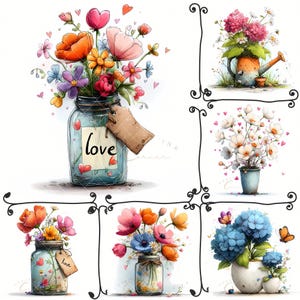 May include: Watercolor illustrations of floral arrangements in various containers. A mason jar with the word "love" on it is filled with colorful flowers. Other arrangements include a watering can, a vase, and small jars, each with unique blooms.